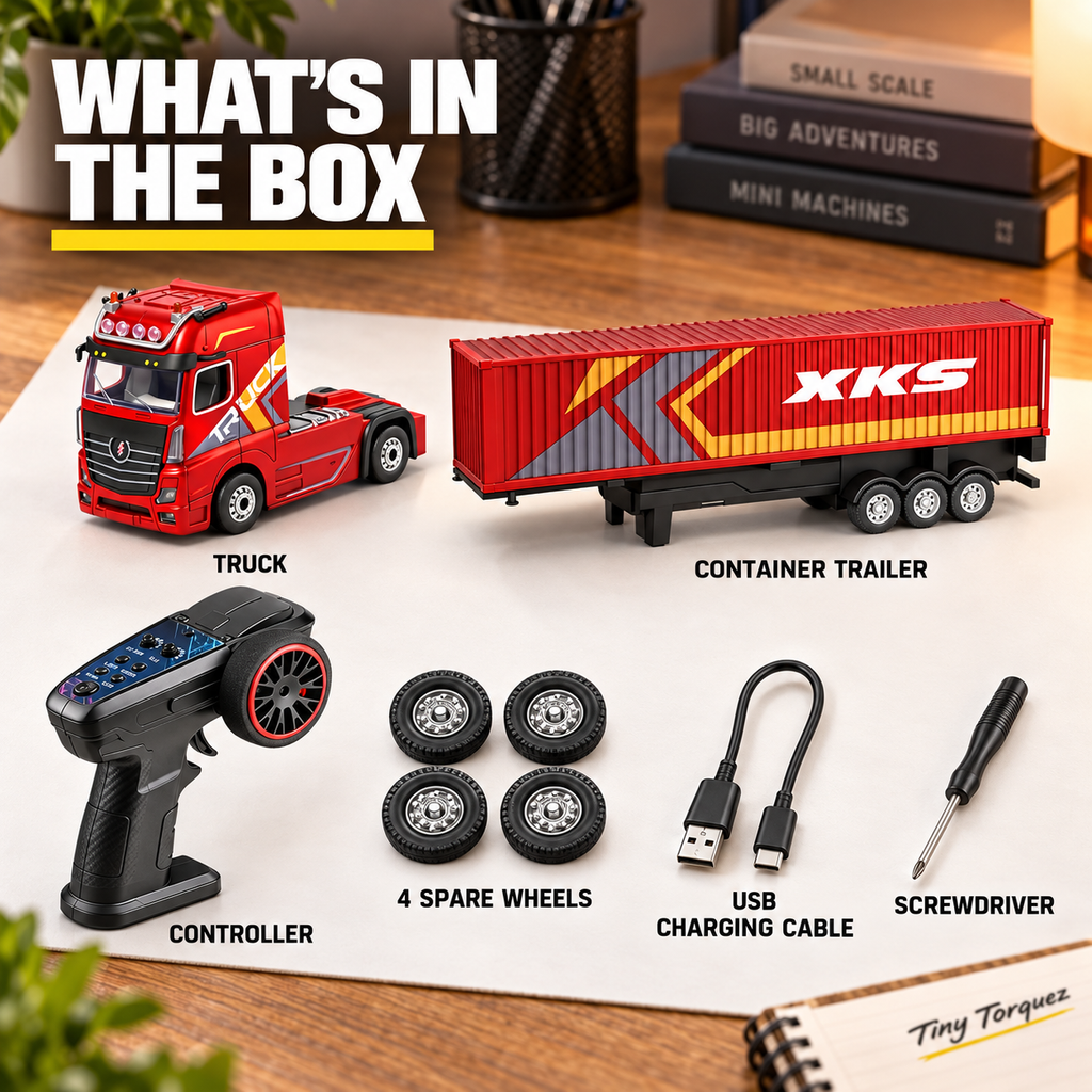 Red Mini RC Truck & Trailer, 1:64 Scale | Tiny Torquez