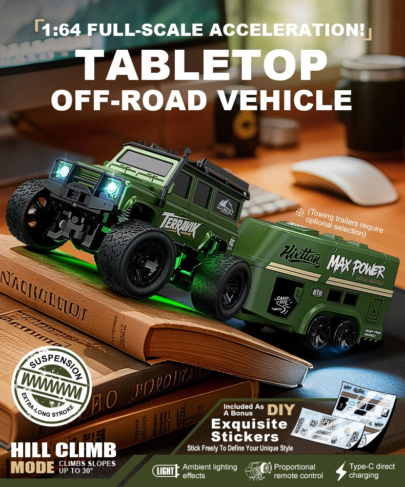1: 64 Mini Climbing Remote Control Car With Trailer Full Scale Off-road Vehicle Children Toy Model Christmas Gift